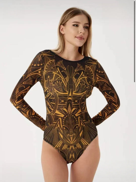 Damen Schwimmanzug mit langem Arm und elegantem Blumendesign R&B