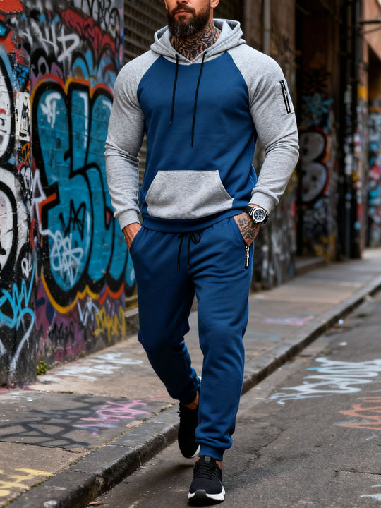Herren nan zweiteiliges Kapuzen-Sweatset mit Raglanärmeln, Ärmel-Zip-Tasche und tapered Jogginghose R&B