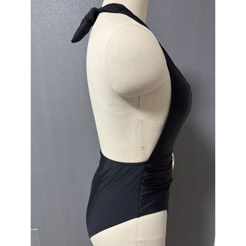 Damen Einteiler Badeanzug mit tiefem V-Ausschnitt und eleganter Gürtel-Applikation R&B