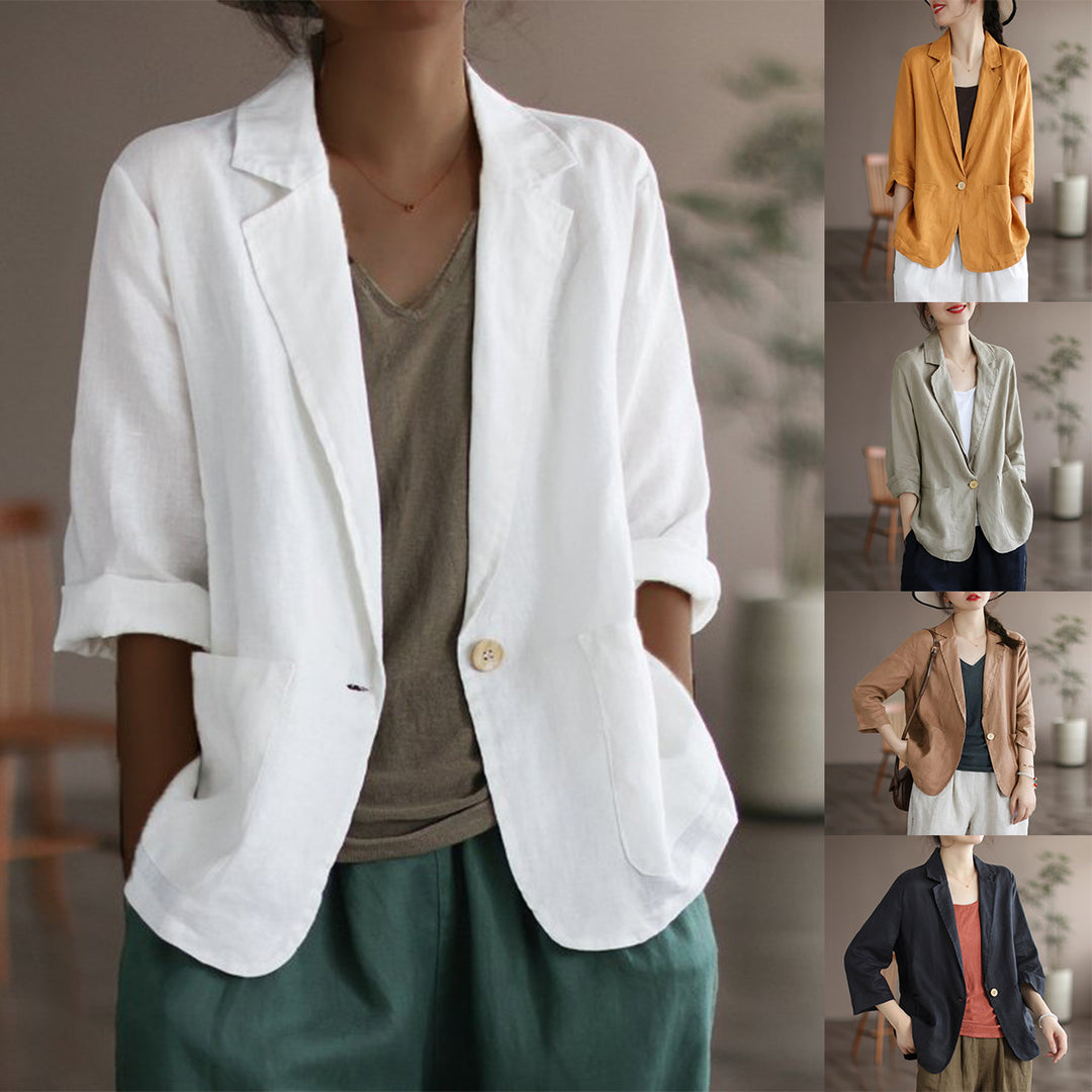 Damen Lässiger Leinenblazer mit breiten Ärmeln und Knopfverschluss R&B