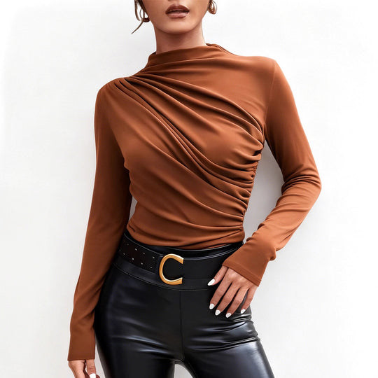 Damen elegantes Langarmshirt mit luxuriösem Drapierungsdesign und schickem Stehkragen R&B