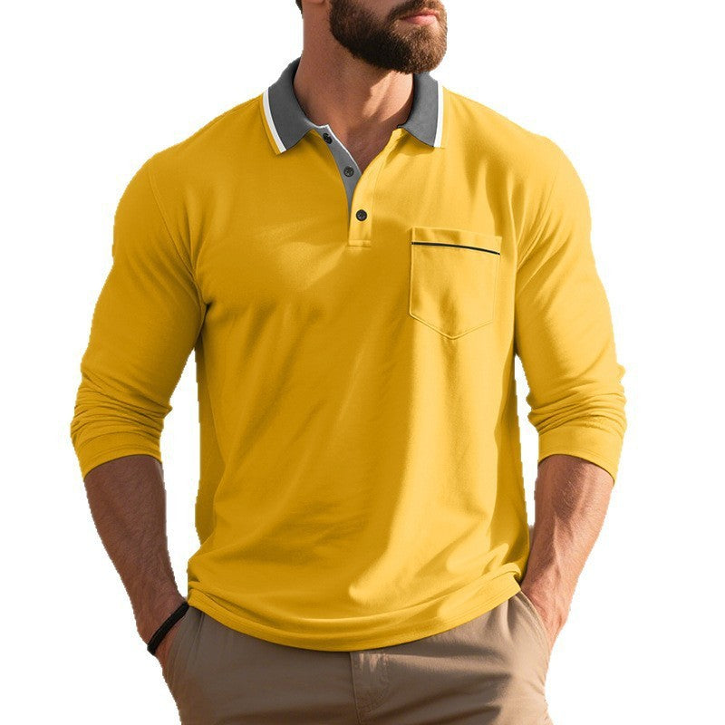 Herren nan langärmeliges Polohemd mit Kontrastkragen, Brusttasche und feinem Baumwollstretch R&B