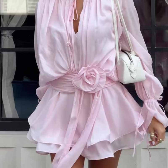 Damen Minikleid mit voluminösen Ärmeln und charmantem Taillengürtel R&B