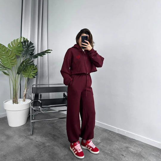 Damen Cropped Hoodie und weite Jogginghose Set R&B