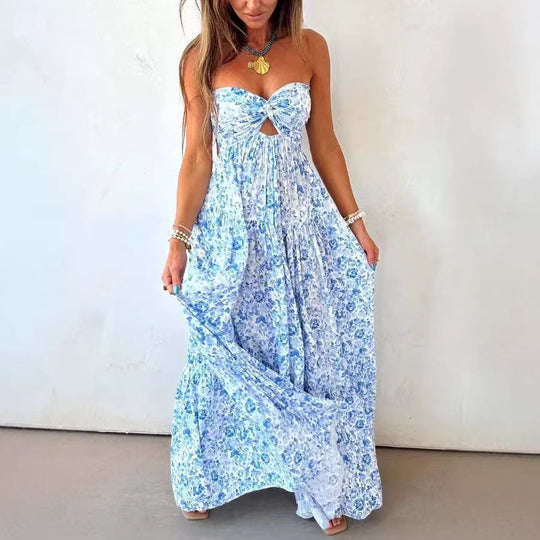Damen nan trägerloses gedrehtes Bustier-Maxikleid mit Cut-out und mehrlagigem Stufenrock in leichter Crinkle-Qualität R&B