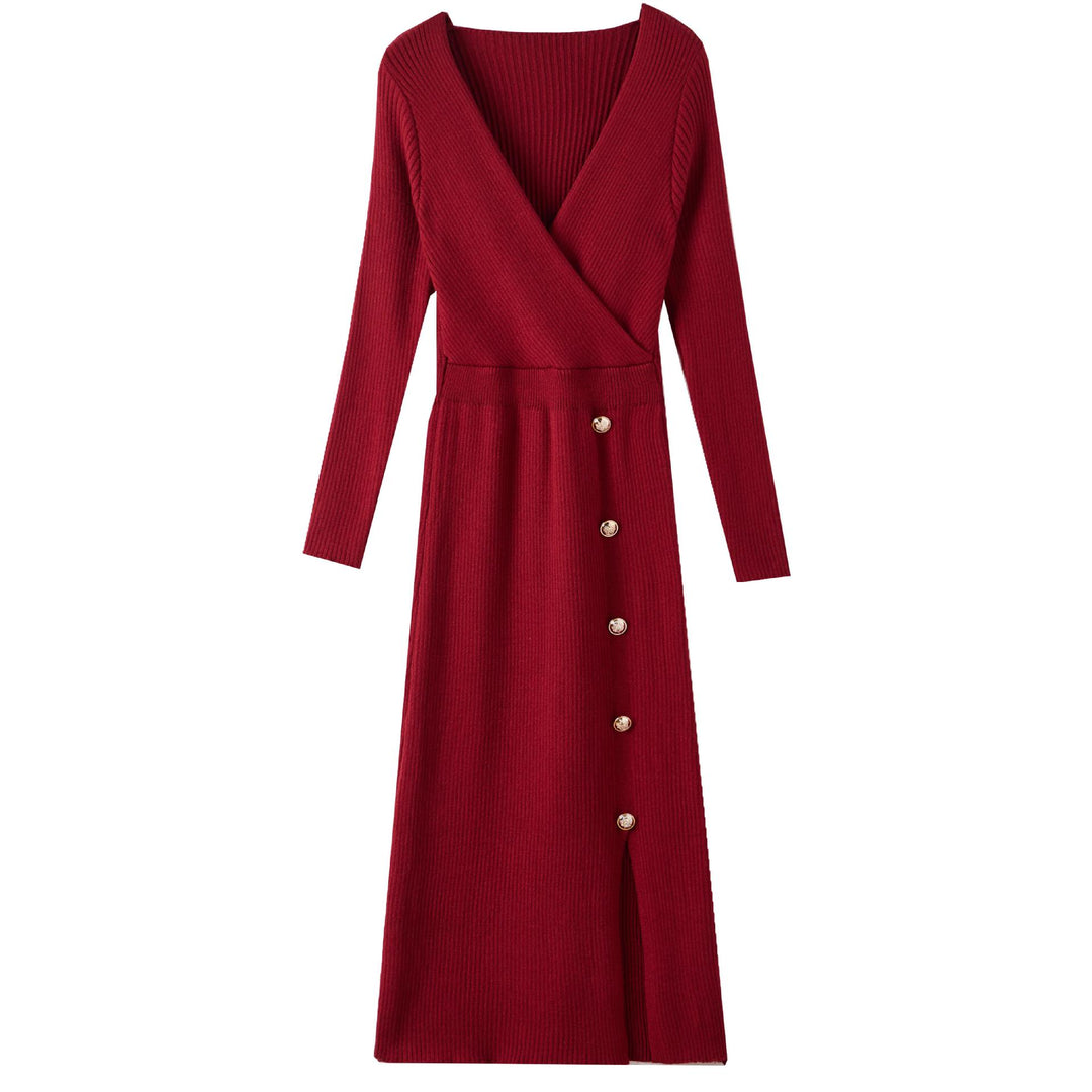 Damen Strickkleid mit Wickeloptik und Knopfdetails R&B