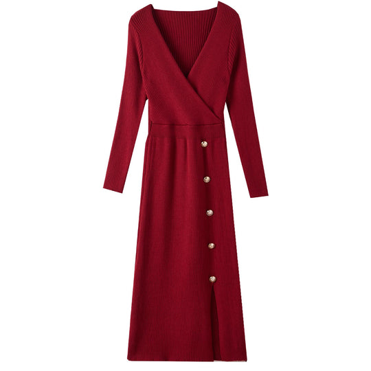 Damen Strickkleid mit Wickeloptik und Knopfdetails R&B