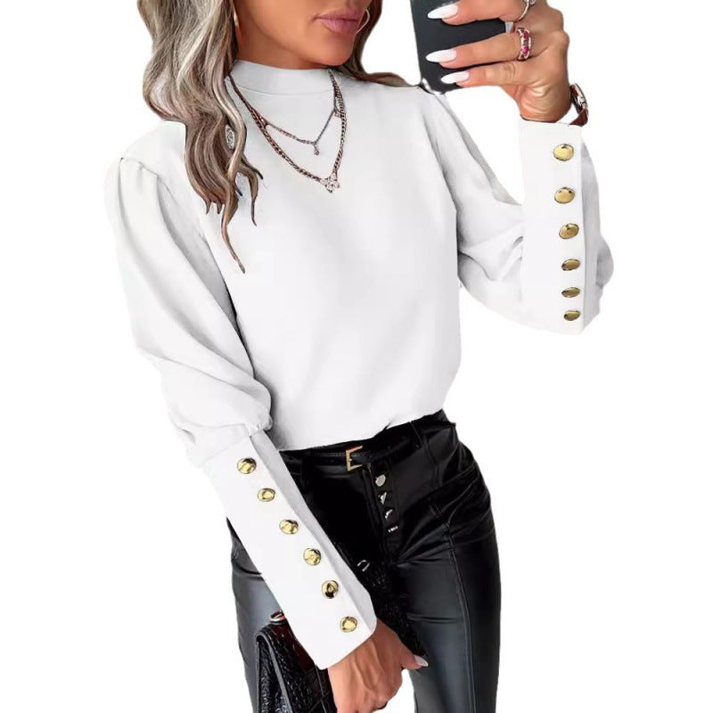 Damen elegante Bluse mit Puffärmeln und goldenen Knopfdetails R&B