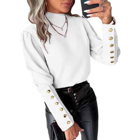 Damen elegante Bluse mit Puffärmeln und goldenen Knopfdetails R&B