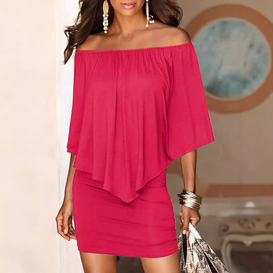 Damen Off-Shoulder Minikleid mit fließendem Oberteil und Taillenbetonung R&B