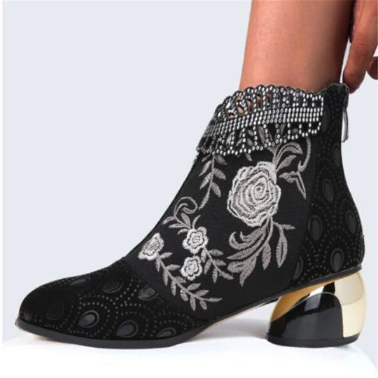 Damen Stiefeletten mit floralem Muster und glanzvollem Blockabsatz R&B