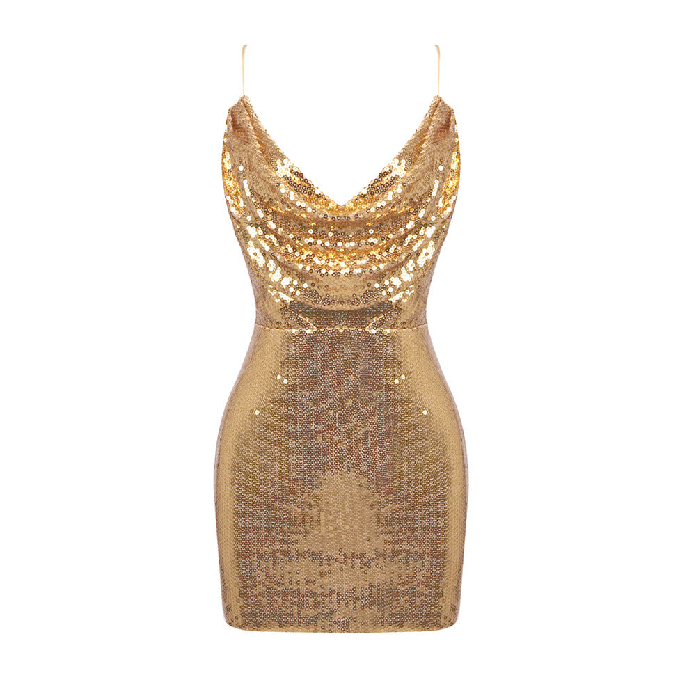 Damen glamouröses Paillettencocktailkleid mit tiefem Ausschnitt und schmaler Silhouette R&B