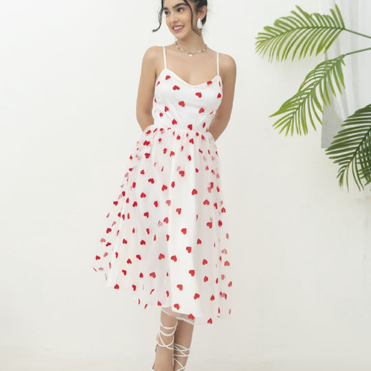 Damen romantisches A-Linien Kleid mit Herzmotiv und verstellbaren Trägern R&B