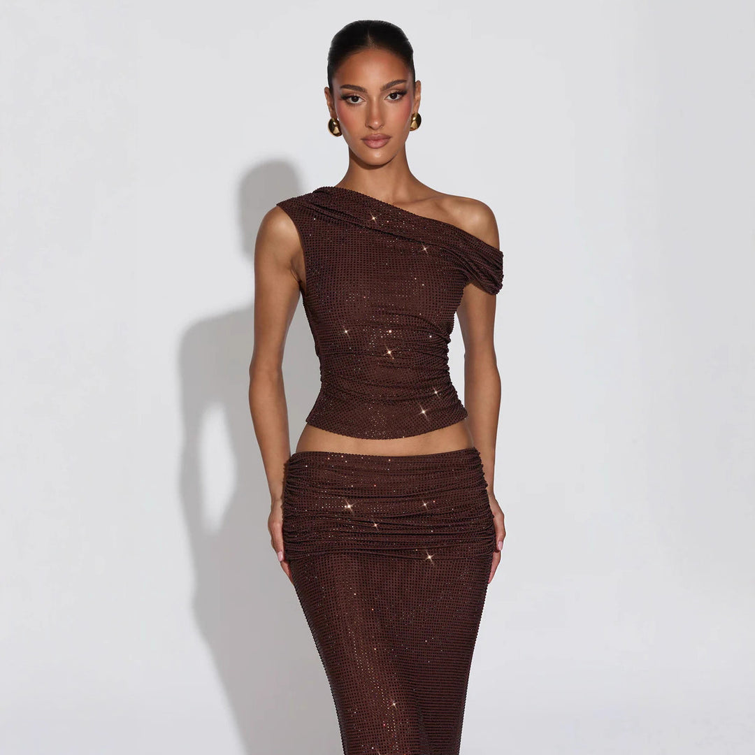 Damen Glänzendes Oberteil mit asymmetrischem Schnitt und glamourösen Strassdetails R&B
