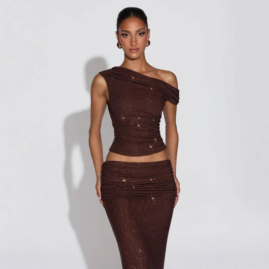 Damen Glänzendes Oberteil mit asymmetrischem Schnitt und glamourösen Strassdetails R&B