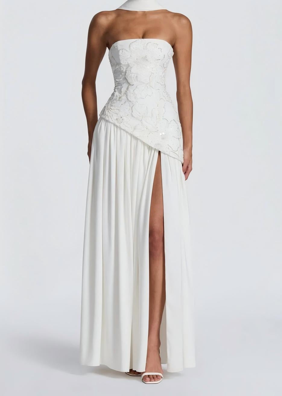 Damen Strapless Abendkleid mit seitlichem Schlitz und floralen Applikationen R&B