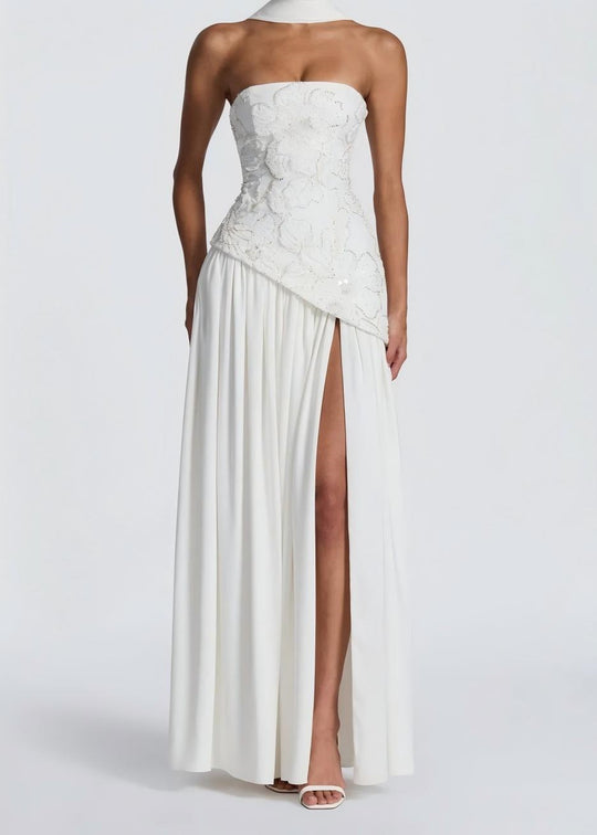 Damen Strapless Abendkleid mit seitlichem Schlitz und floralen Applikationen R&B