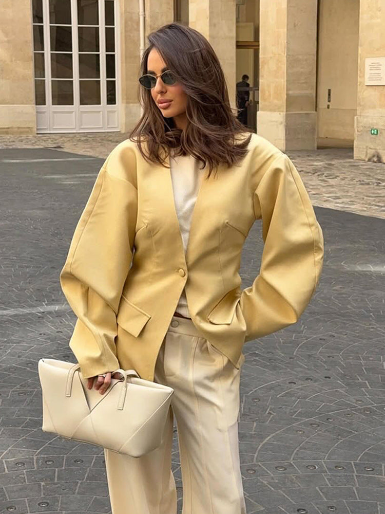 Damen eleganter Oversized Blazer mit Puffärmeln R&B