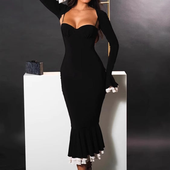 Damen Elegantes Langarm-Midikleid mit Rüschensaum R&B