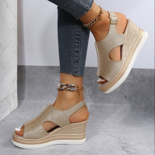 Damen Wedge-Sandalen mit glitzerndem Obermaterial und komfortablem Fußbett R&B