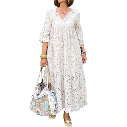 Damen nan fließendes Maxikleid mit Ajourstickerei, V-Ausschnitt, Unterbrustnaht und Volantrock R&B