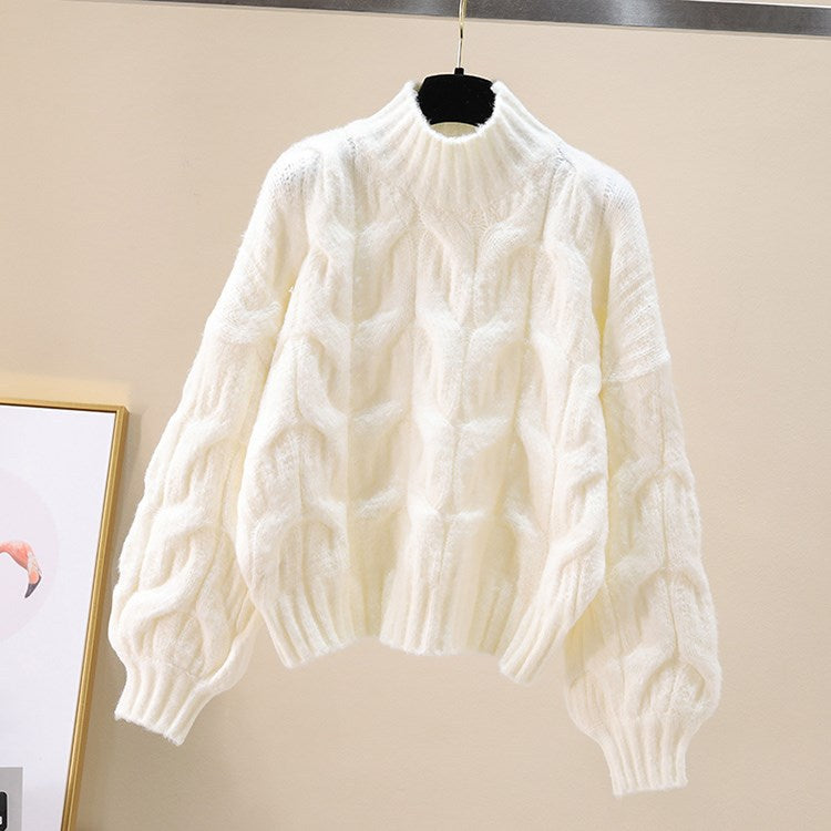 Damen kuscheliger Strickpullover mit voluminösen Ärmeln und Zopfmuster R&B