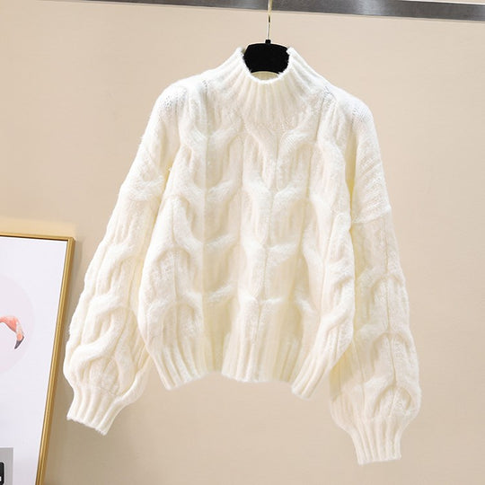Damen kuscheliger Strickpullover mit voluminösen Ärmeln und Zopfmuster R&B