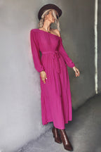 Damen Langarm Maxikleid mit asymmetrischem Schnitt und tailliertem Gürtel R&B
