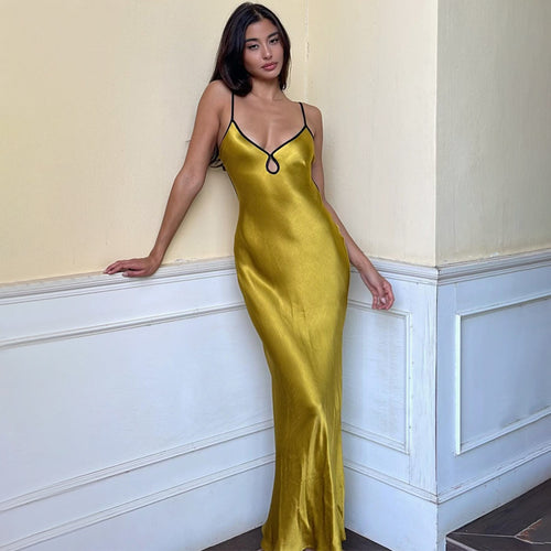Damen Elegantes Satin-Maxikleid mit verstellbaren Spaghettiträgern und tiefem V-Ausschnitt R&B