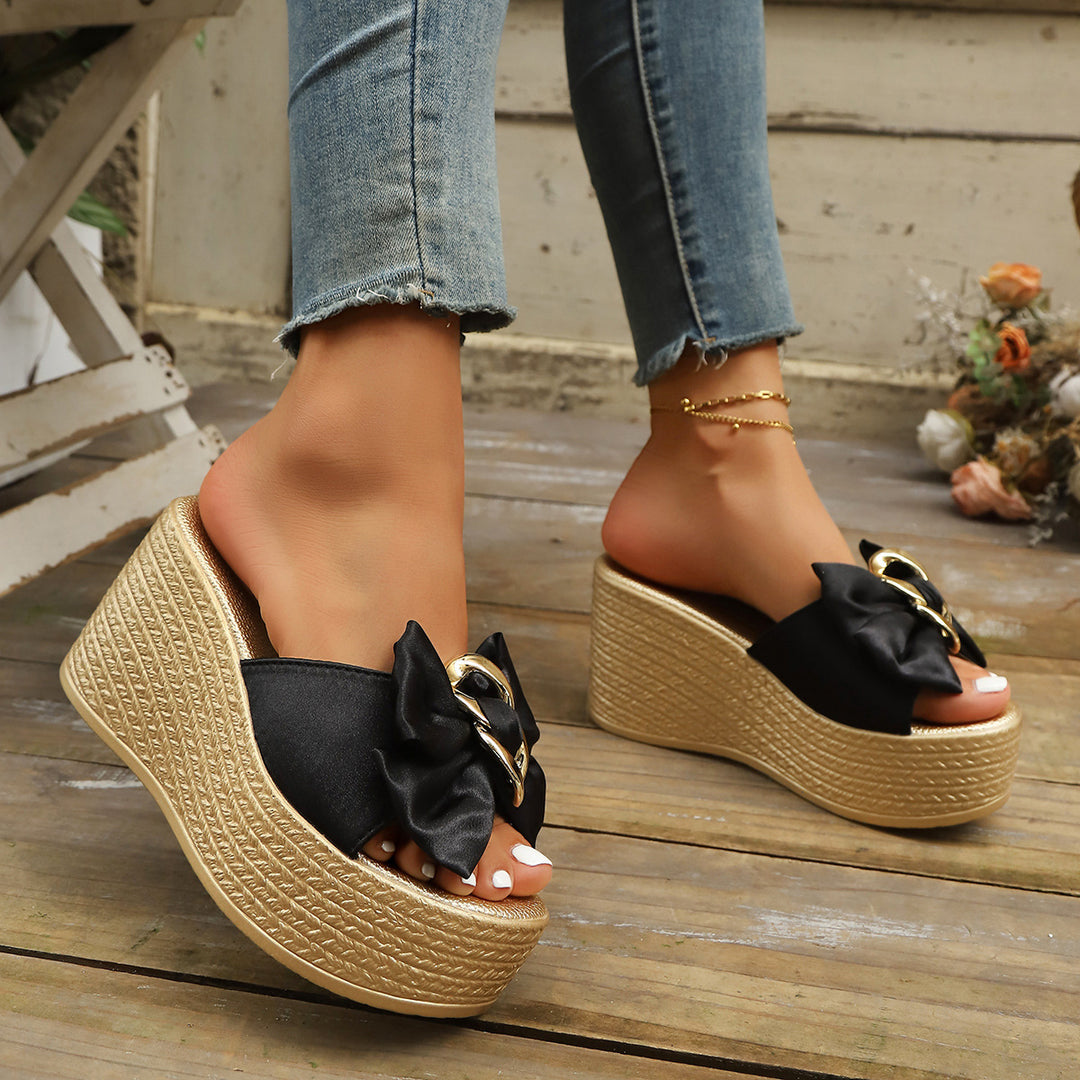 Damen Wedge-Pantoletten mit Glamourösen Schleifen und Goldakzenten R&B