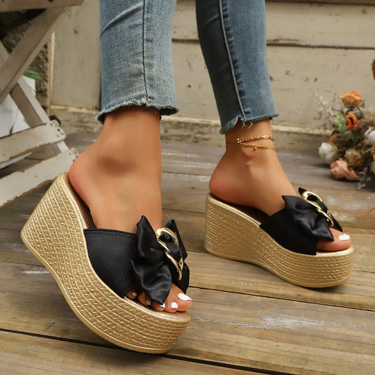 Damen Wedge-Pantoletten mit Glamourösen Schleifen und Goldakzenten R&B