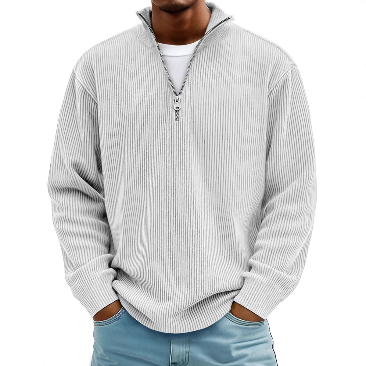 Herren nan gerippter Strickpullover mit halbem Reißverschluss und Stehkragen R&B