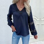 Damen elegante Bluse mit Spitzenakzenten und V-Ausschnitt R&B