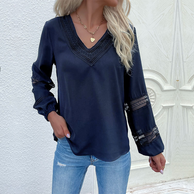 Damen elegante Bluse mit Spitzenakzenten und V-Ausschnitt R&B