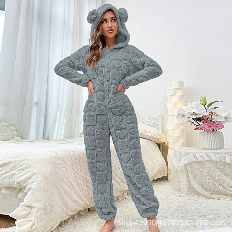 Damen Gemütlicher Fleece-Overall mit Kapuze R&B