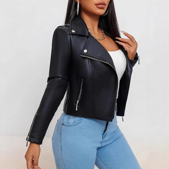 Damen Kunstleder Bikerjacke figurbetont geschnitten