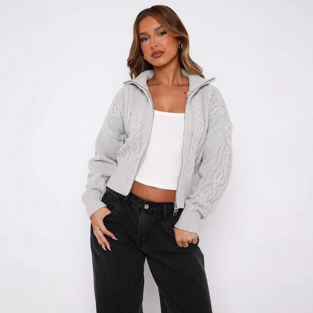 Damen cropped Strickjacke mit detailliertem Zopfmuster und hohem Kragen R&B
