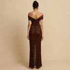Damen Elegantes Spitzenabendkleid mit schulterfreiem Design und raffiniertem Schlitz R&B