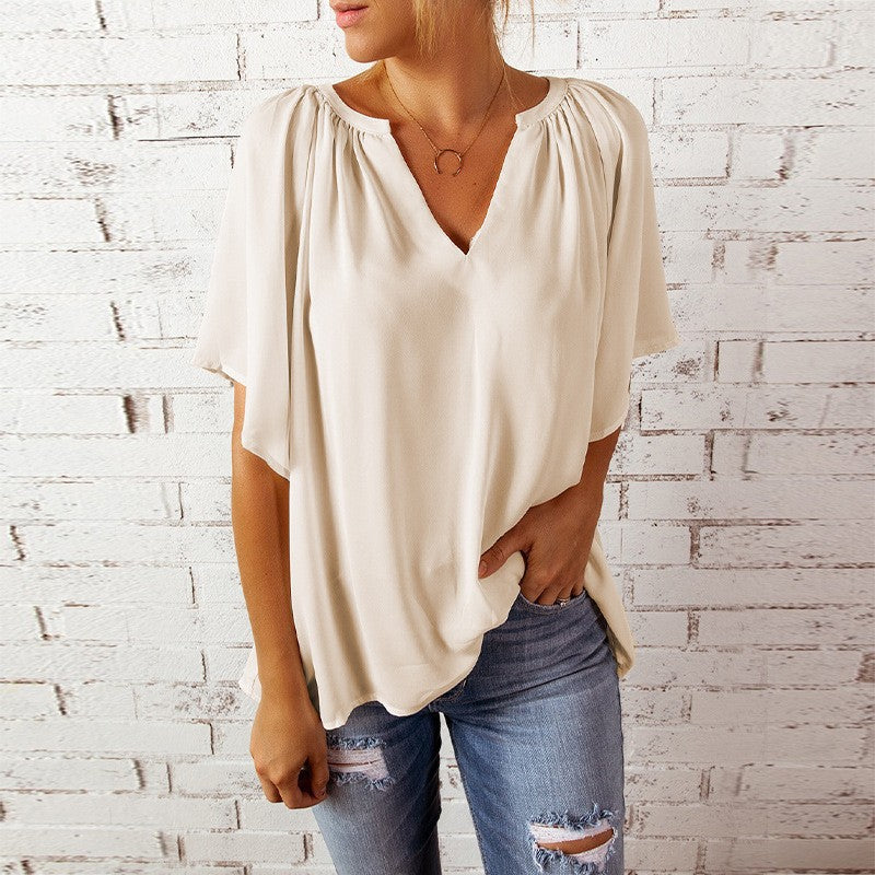 Damen luftige Bluse mit V-Ausschnitt und sanftem Faltenwurf R&B