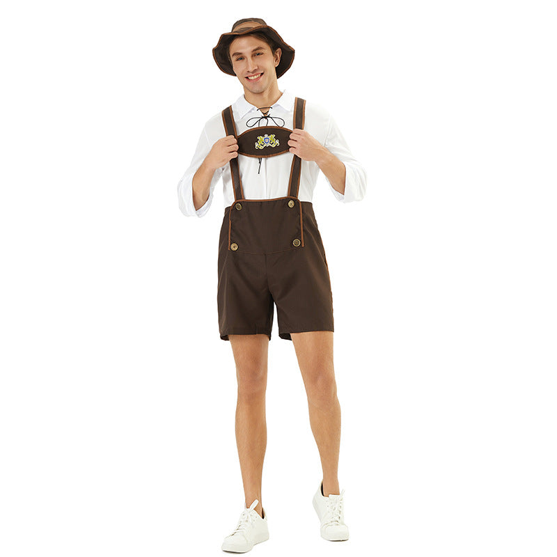 Herren nan kurze Trachtenlederhose mit verstellbaren Trägern und besticktem Brustlatz R&B