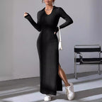 Damen Langarm Maxikleid mit V-Ausschnitt und seitlichem Schlitz R&B