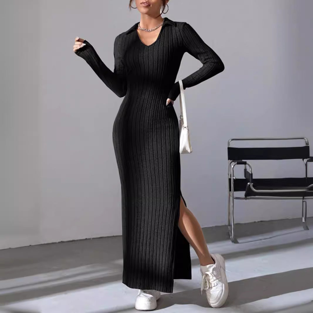 Damen Langarm Maxikleid mit V-Ausschnitt und seitlichem Schlitz R&B