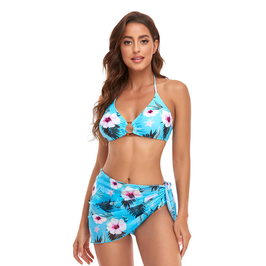 Damen Triangel-Bikini-Set mit modischem Wickelrock und floralem Design R&B