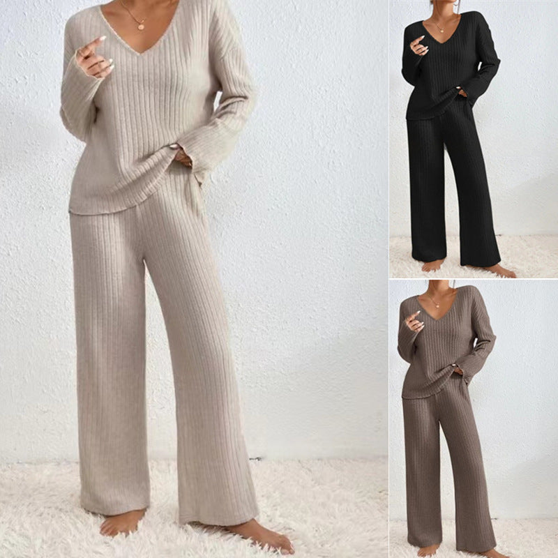 Damen Gemütlicher Strickanzug mit V-Ausschnitt und Rippstruktur R&B