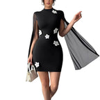 Damen Kleid mit transparenten Ärmeln und floralen Applikationen R&B