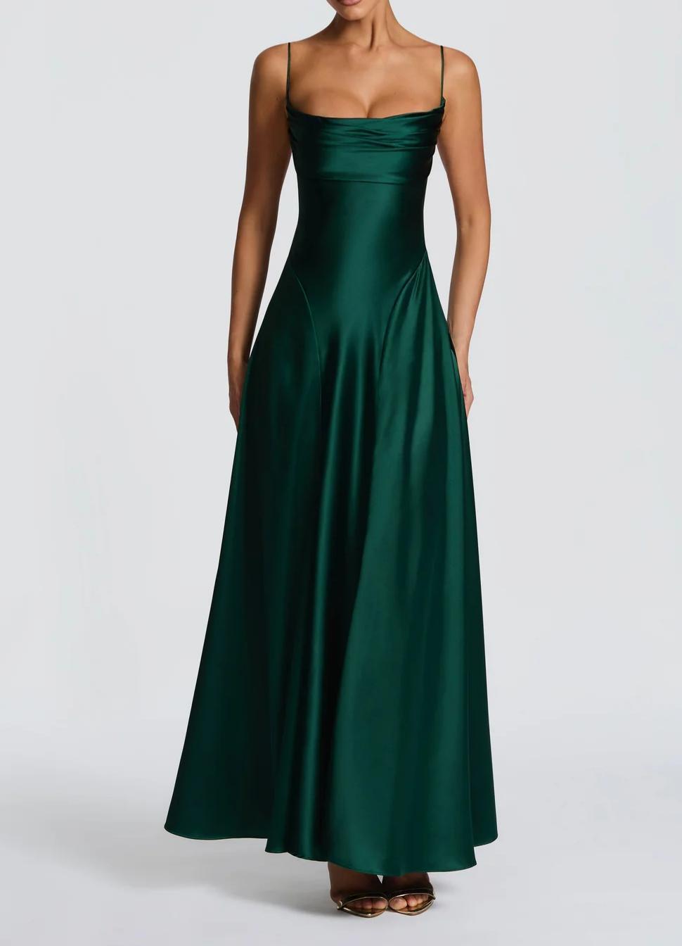 Damen Elegantes Maxi-Kleid mit fließendem Satin und verführerischem Spaghettiträger R&B