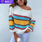 Damen lässiger Strickpullover mit weitem Ausschnitt und einzigartigem Streifenmuster