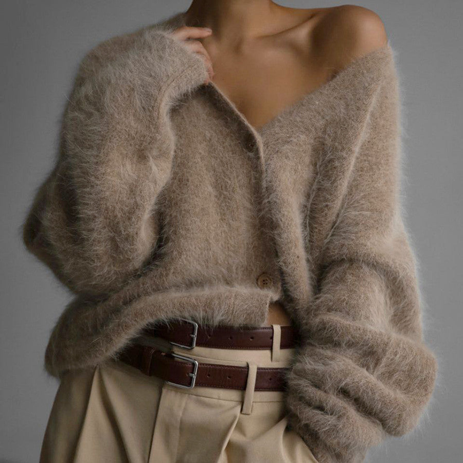 Damen Flauschiger Strickcardigan mit V-Ausschnitt und Knopfdetail
