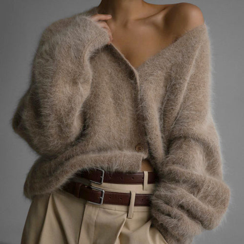 Damen Flauschiger Strickcardigan mit V-Ausschnitt und Knopfdetail R&B