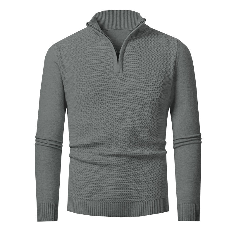 Herren nan Feinstrick-Halbzip-Pullover mit strukturierter Wellenoptik und Stehkragen R&B